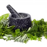 Black mortar and pestle with fresh picked herbs, over white background.
